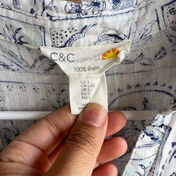 C&C California  Button Down Shirt - Size L - Beach, Summer, 100% Linen - Picture 3 of 4